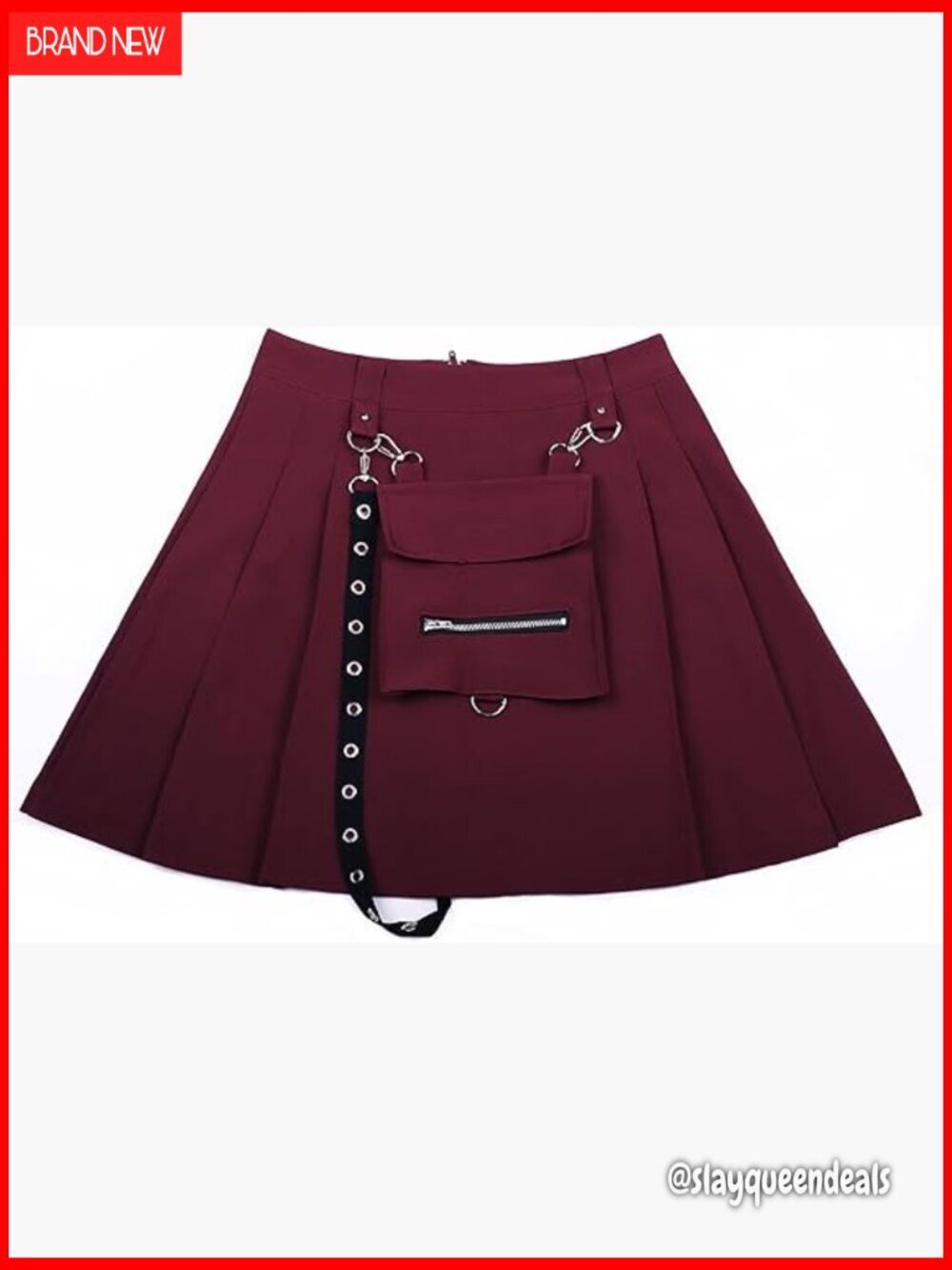 Punk Chain Pleated Mini Skirt High Waist Pocket A-Line Polyester Spandex